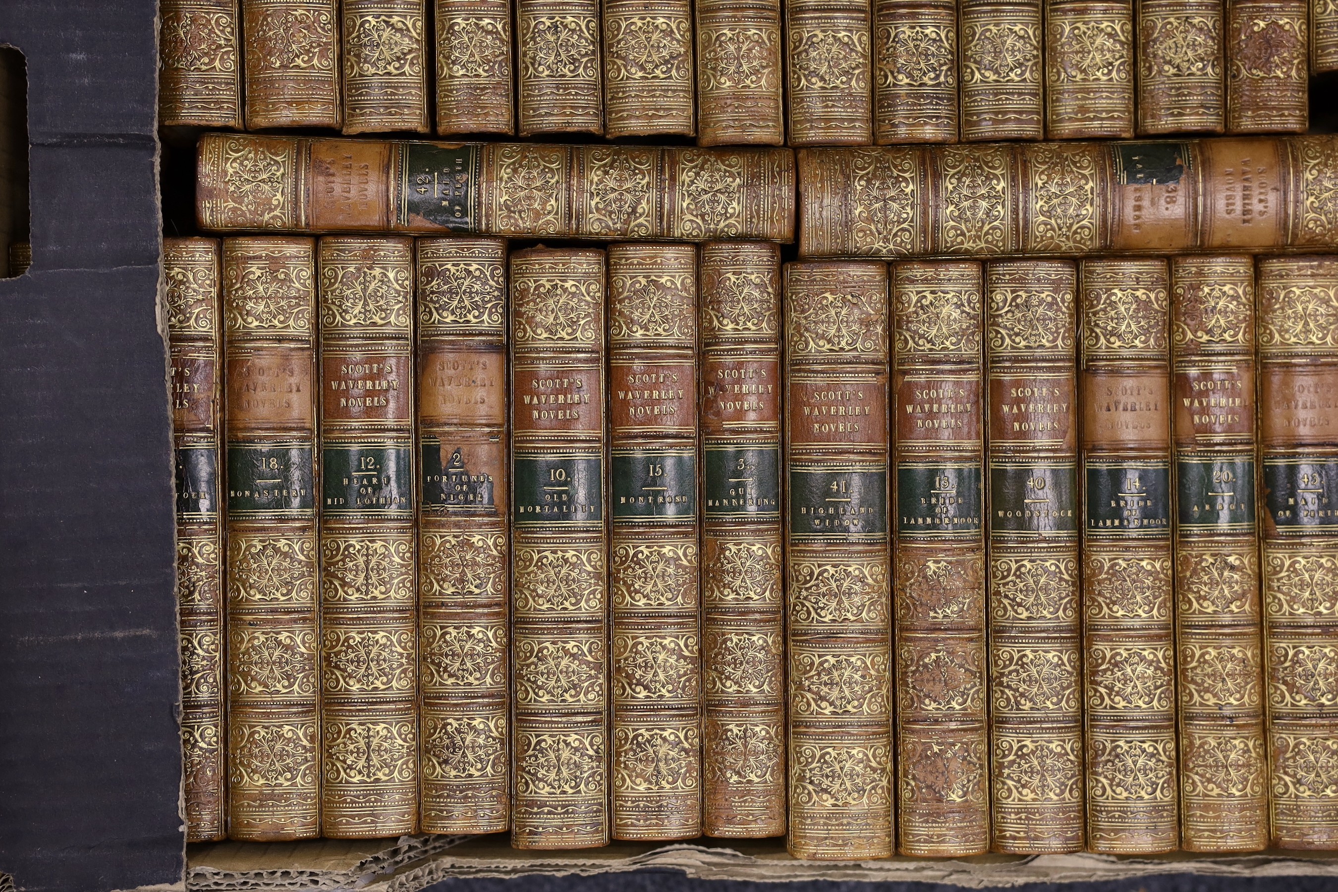 Scott, Walter, Sir - Waverley Novels, 48 vols, 12mo, calf with gilt spines, engraved frontis and title, Robert Cadell, London, 1848.